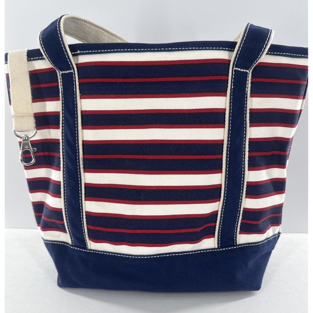 Lands End Canvas Tote Bag Navy Blue Red White Striped Nautical Large Beach Bag - Picture 4 of 10